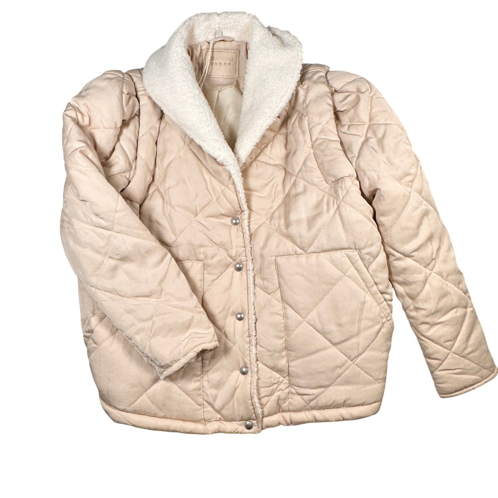 NWT BLANKNYC Quilted Bomber Jacket Women Size M Beige Sherpa Collar Puffer